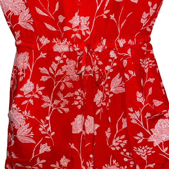 Red Floral Print V-Neck Romper With Drawstring Waist - Picture 4 of 8